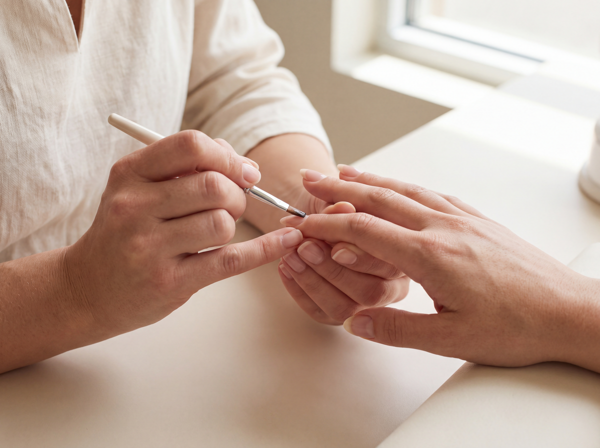 Nail technician applying a thin clear base layer to a client's natural nail with a small gel brush