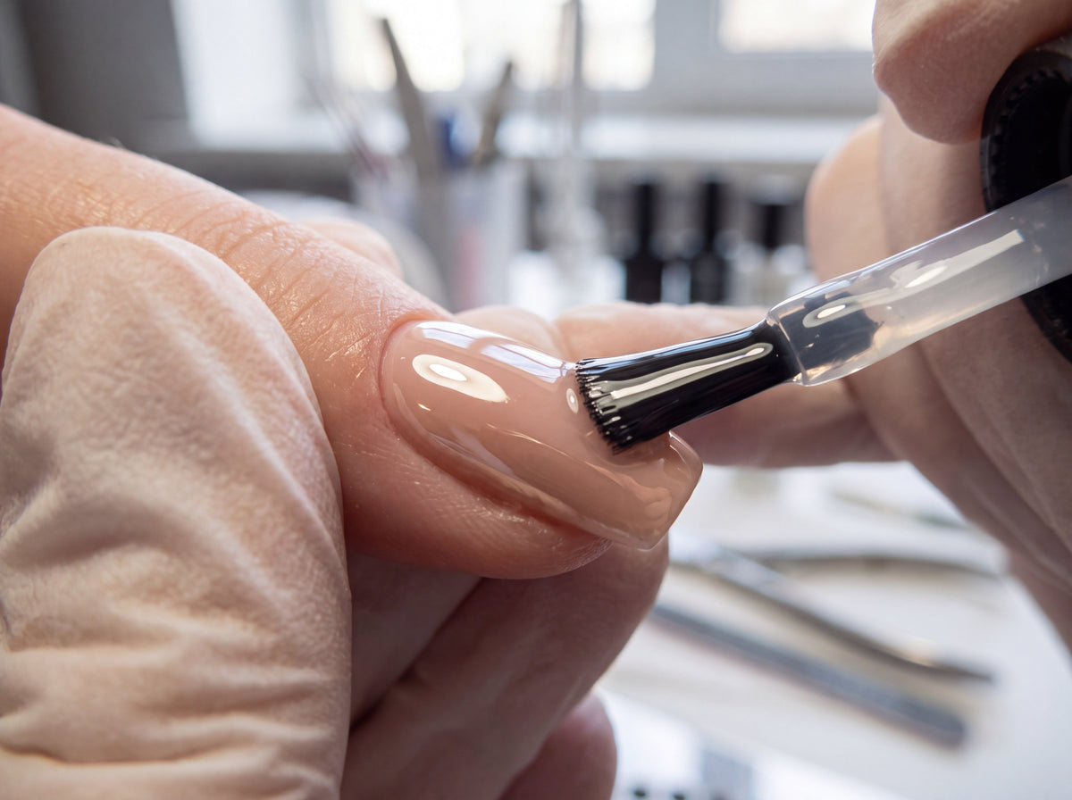 Nail technician brushing a clear glossy gel top coat over a nude gel manicure