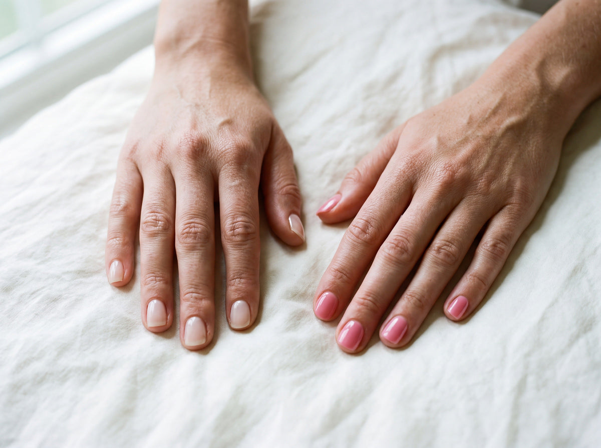 Two hands on linen comparing short nails in sheer milky builder gel with nails in glossy pink gel polish