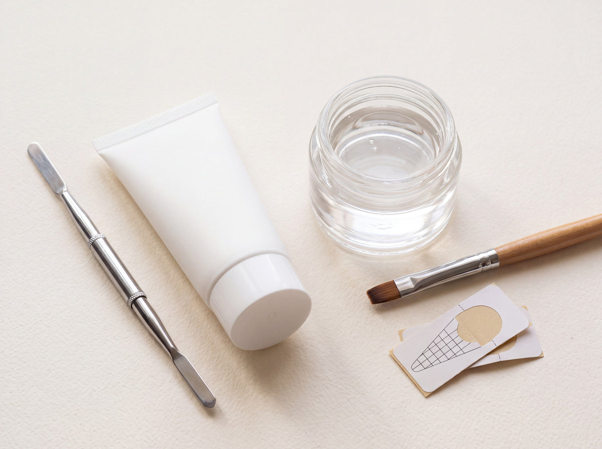 Unlabeled tube of acrylic gel with a dual-ended spatula next to a clear jar of builder gel, a flat gel brush and nail forms