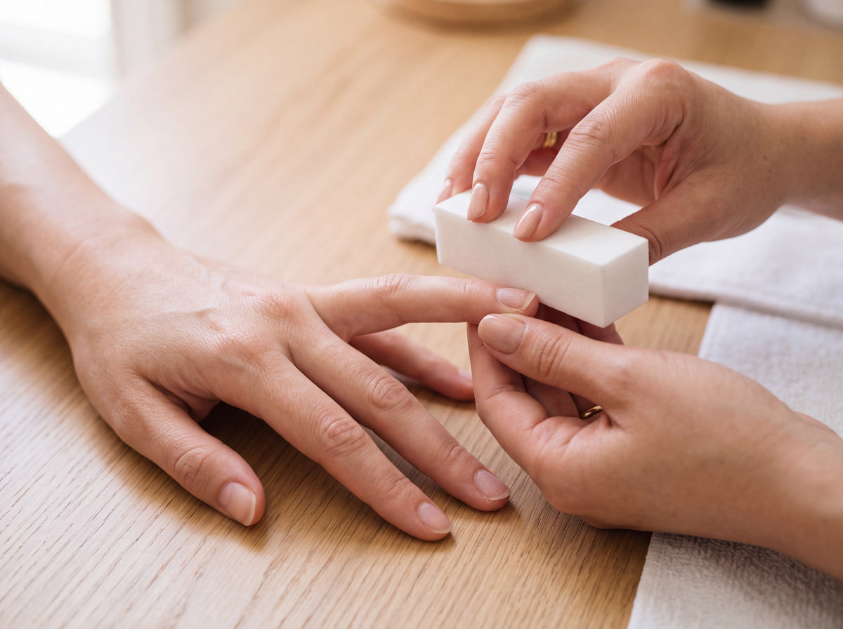 Nail technician buffing a client's natural fingernail with a white buffer block before a gel manicure