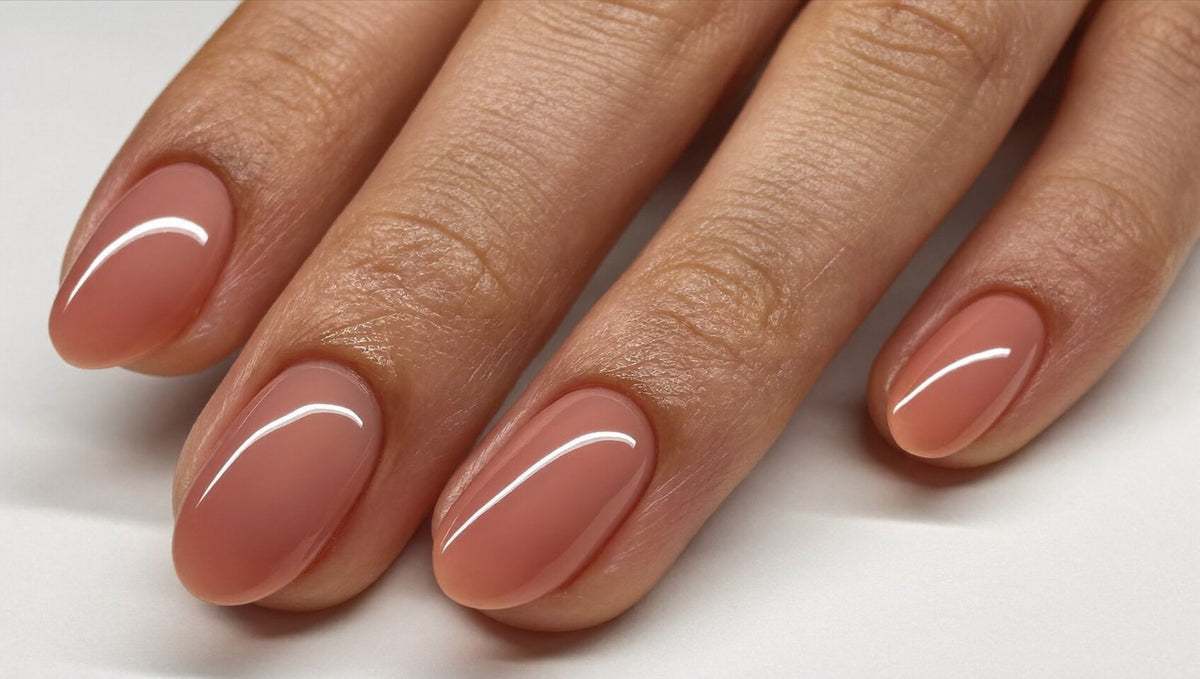 Close-up of short oval nails with a glossy sheer rosy nude gel applied perfectly close to clean cuticles