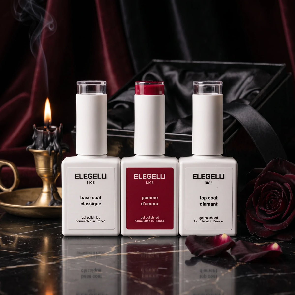 Elegelli gel nail kit: base coat, Pomme d'amour gel polish and top coat