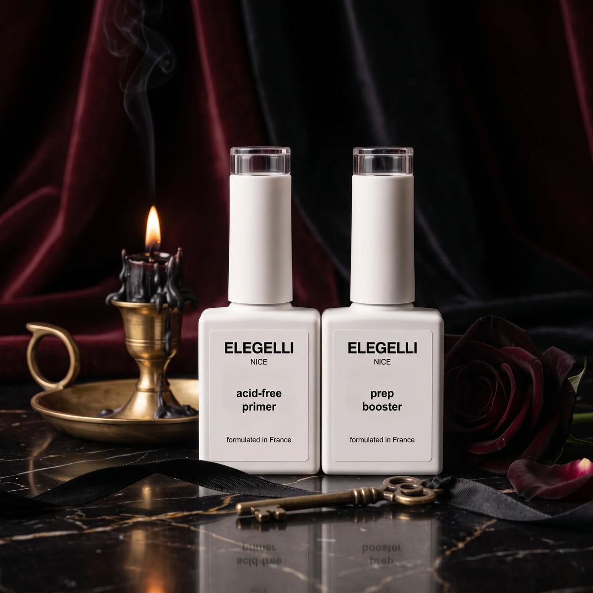 Elegelli acid-free primer and prep booster with an antique brass key