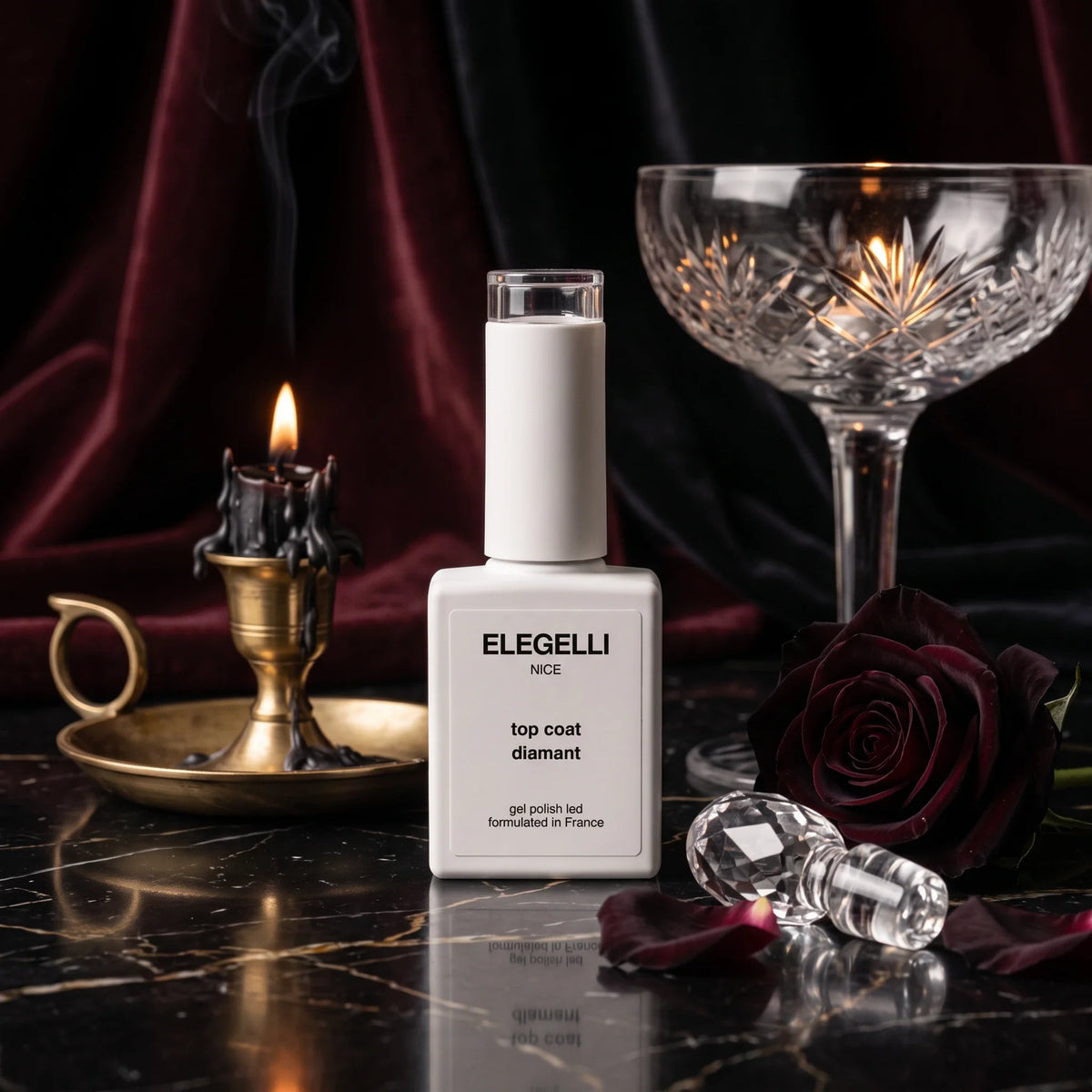Elegelli Diamond Top Coat with a cut-crystal coupe and a black rose