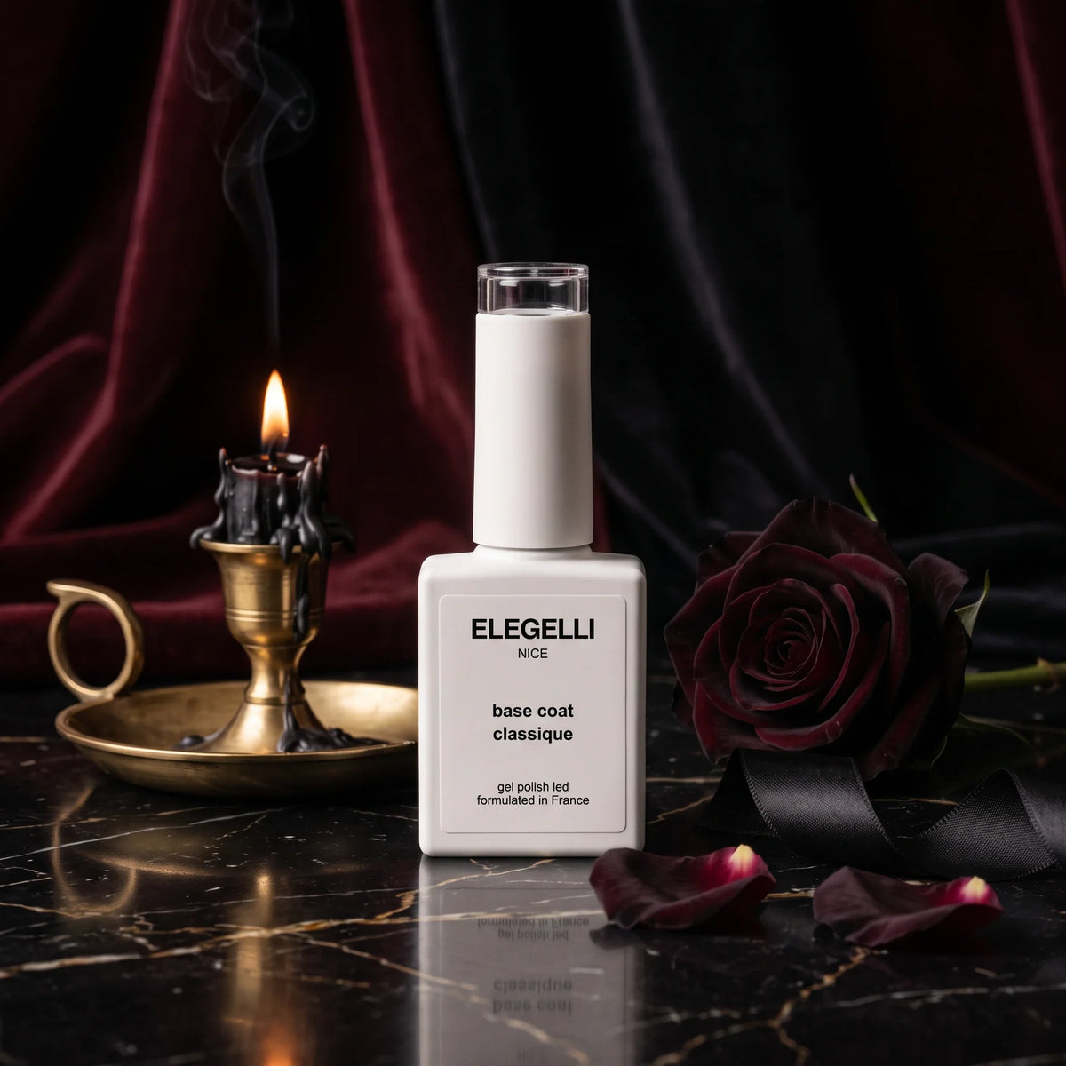 Elegelli Classic Base Coat with a black candle and a black rose