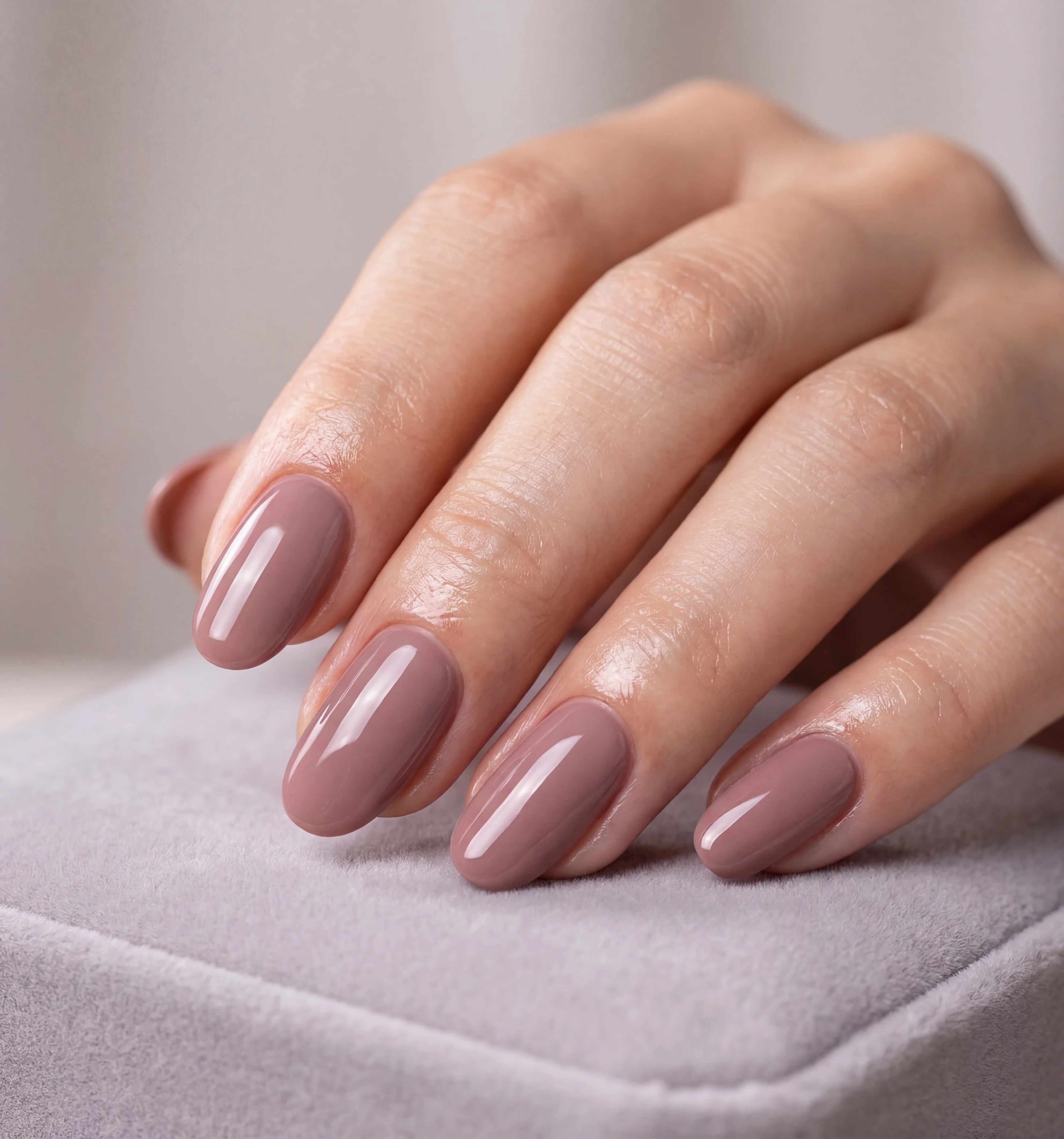 Hand with mauve nail polish on a neutral background