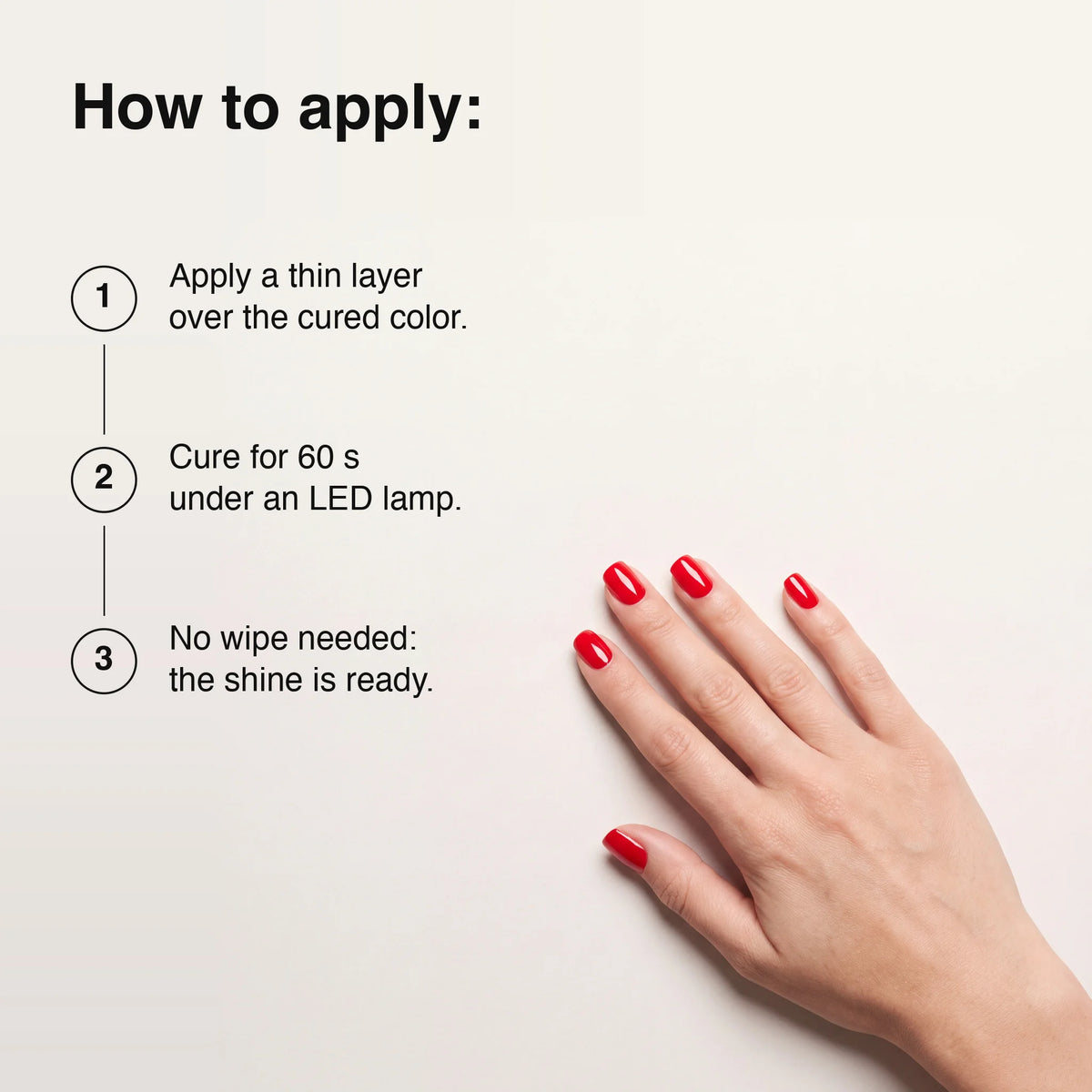 Instruction graphic showing how to apply a red nail color, with three numbered steps on the left and a hand with glossy red nails on the right against a light background.