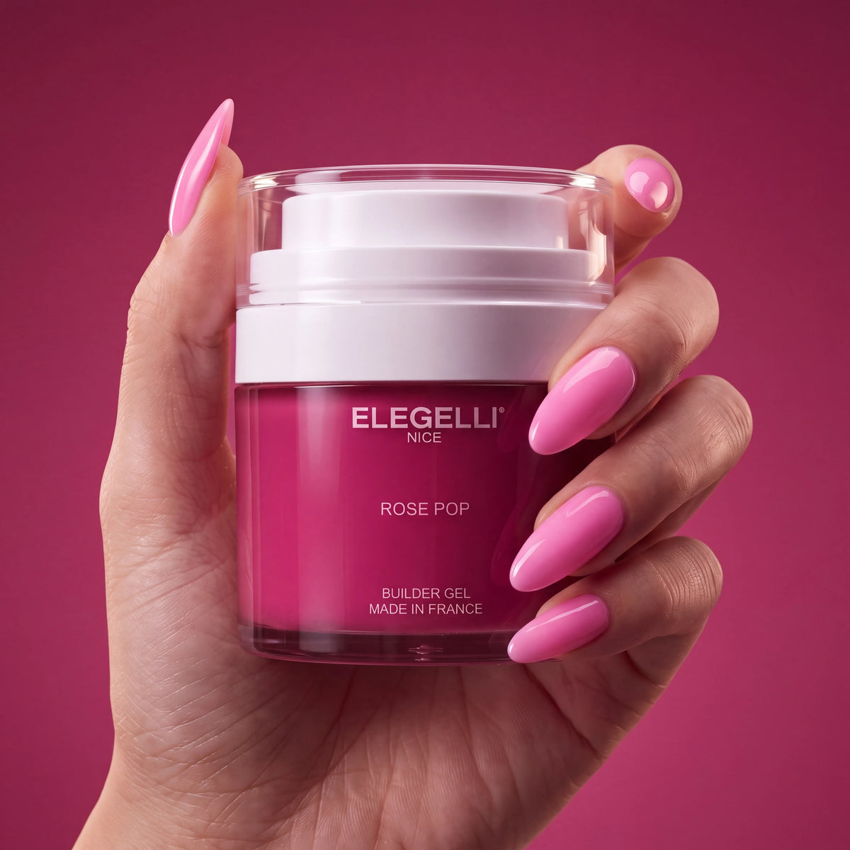 Builder Gel B022 Rose Pop Elegelli - jar held in hand with Rose Pop nails