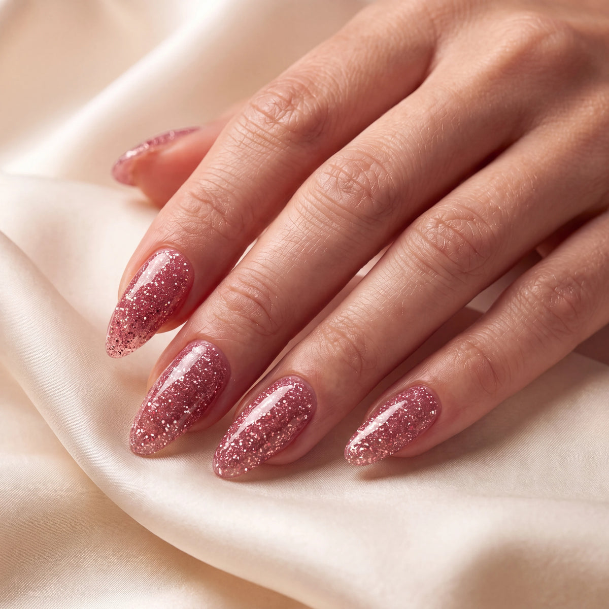 Builder Gel B036 Rose Météore Elegelli - close-up of pink glitter almond nails on silk