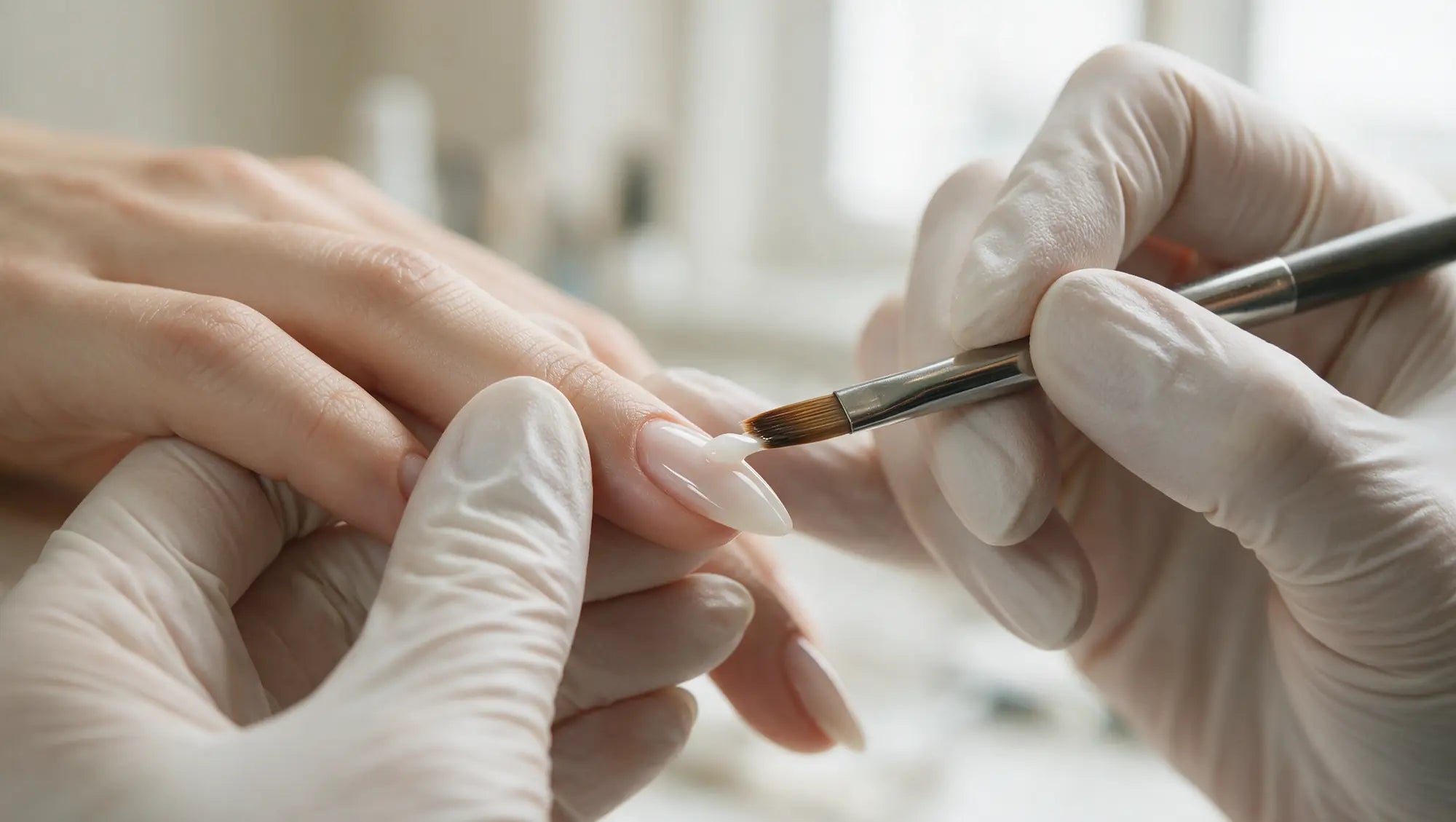 A technician shaping builder gel on a client's nail in a bright salon