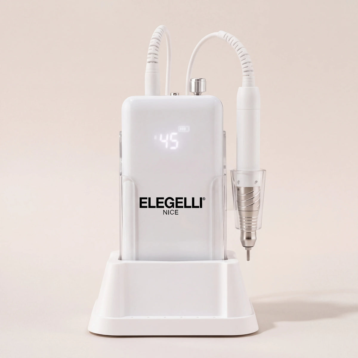 Elegelli cordless nail drill: control unit with digital display, handpiece and charging base on a beige background