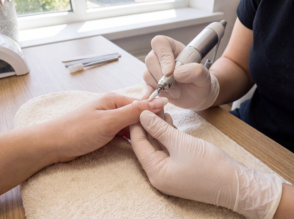 Nail technician using an electric nail file to reduce grown-out builder gel on a client's nail