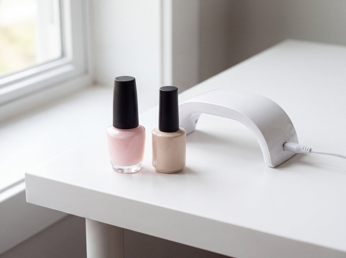 Unlabeled classic nail lacquer bottle and gel polish bottle beside a small white LED nail lamp on a white desk