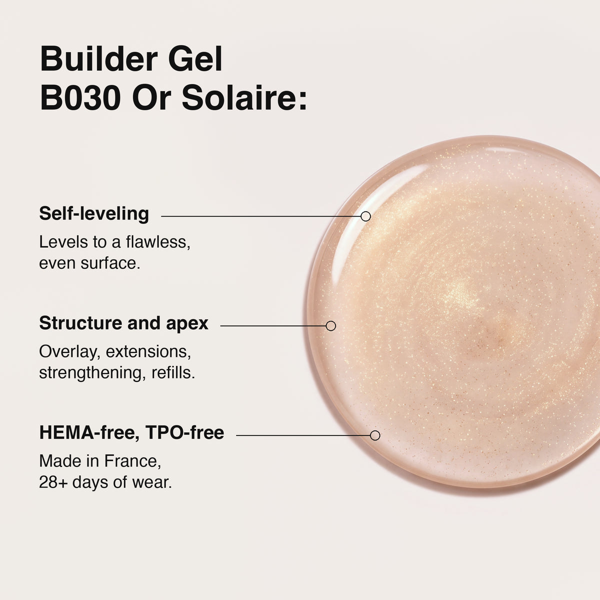 A close-up of Builder Gel shade B030 / Solaire, a shimmering light peach-beige gel, shown on a clean off-white background with feature callouts including self-leveling, structure and apex, and HEMA-free, TPO-free benefits.