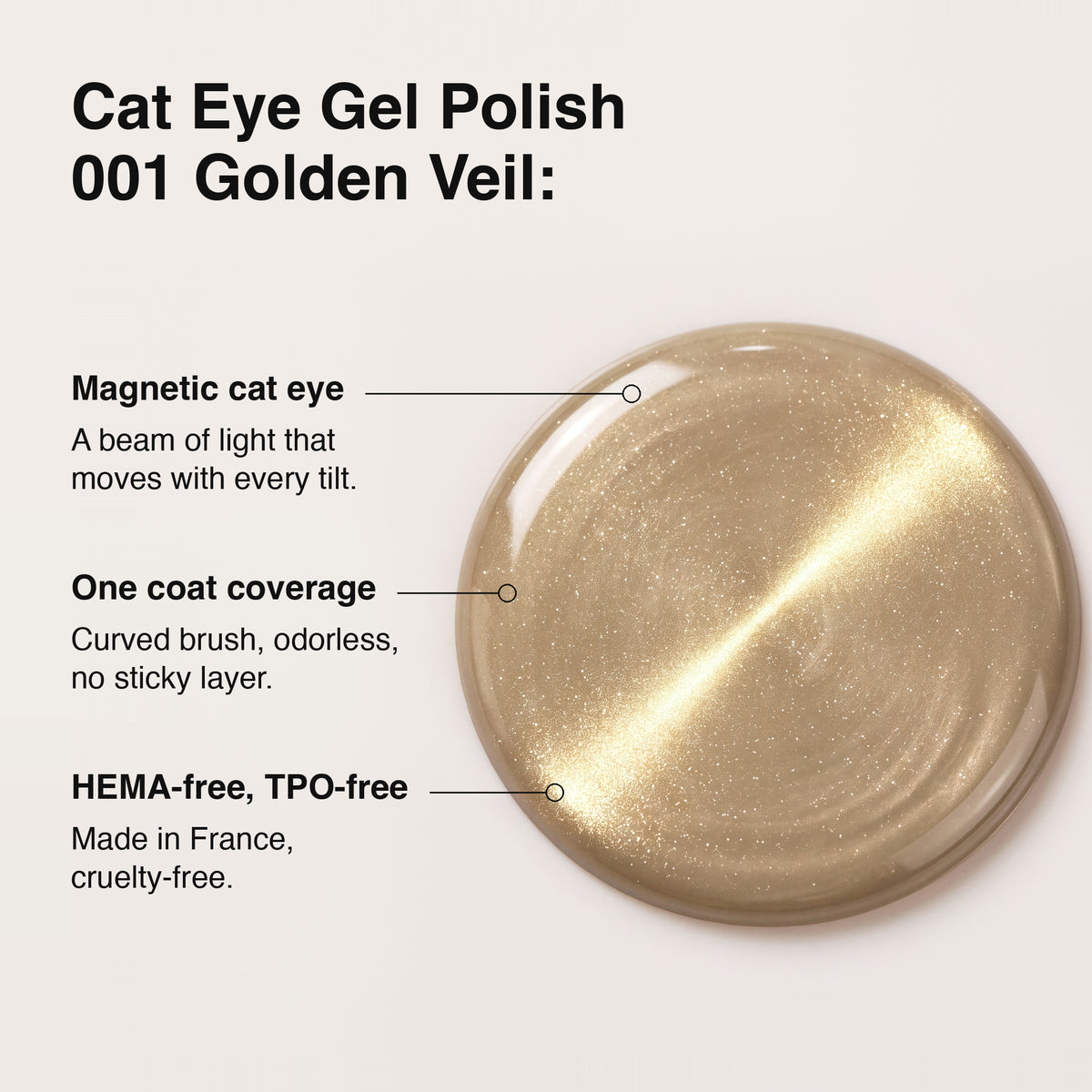 A circular swatch of Cat Eye Gel Polish in shade 001 Golden Veil, displayed on a light beige background with descriptive text highlighting its magnetic cat eye effect, one coat coverage, and HEMA-free, TPO-free qualities.