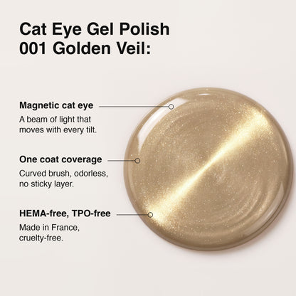 A circular swatch of Cat Eye Gel Polish in shade 001 Golden Veil, displayed on a light beige background with descriptive text highlighting its magnetic cat eye effect, one coat coverage, and HEMA-free, TPO-free qualities.