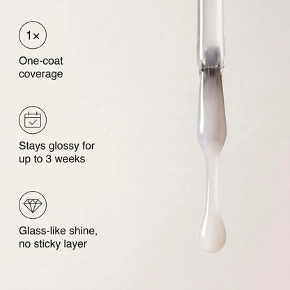 A close-up of a clear cosmetic dropper holding a glossy white liquid drop against a light neutral background, with three feature callouts: one-coat coverage, stays glossy for up to 3 weeks, and glass-like shine, no sticky layer.