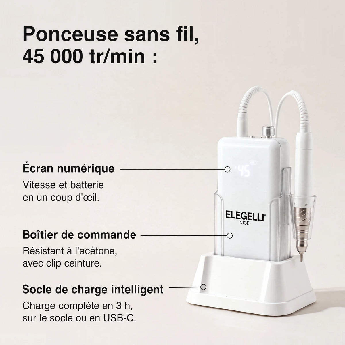 Cordless nail drill machine, shown on a light beige background with callout text describing features: digital display, control unit, and smart charging base. The brand ELEGELLI is visible on the device.