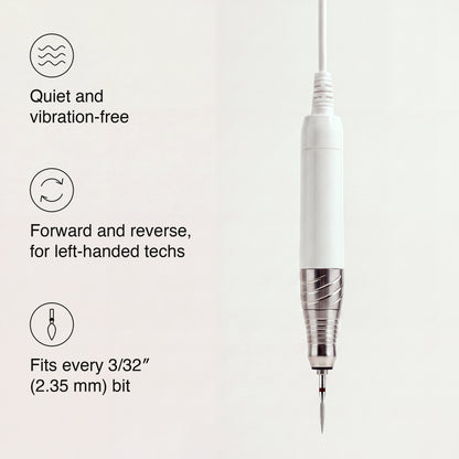White and silver electric nail drill bit shown on a light background with three feature callouts: quiet and vibration-free, forward and reverse for left-handed techs, and fit for every 3/32" (2.35 mm) bit.