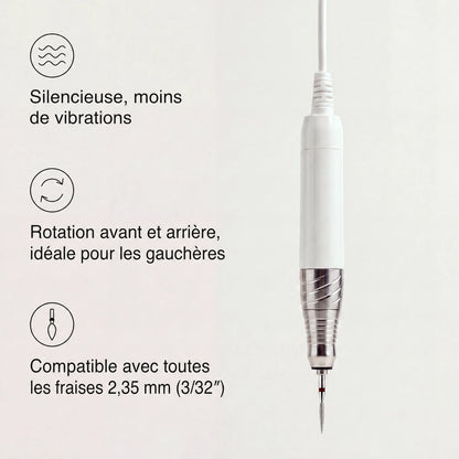 White and silver electric nail drill bit shown on a light background with three feature callouts: quiet and vibration-free, forward and reverse for left-handed techs, and fit for every 3/32" (2.35 mm) bit.