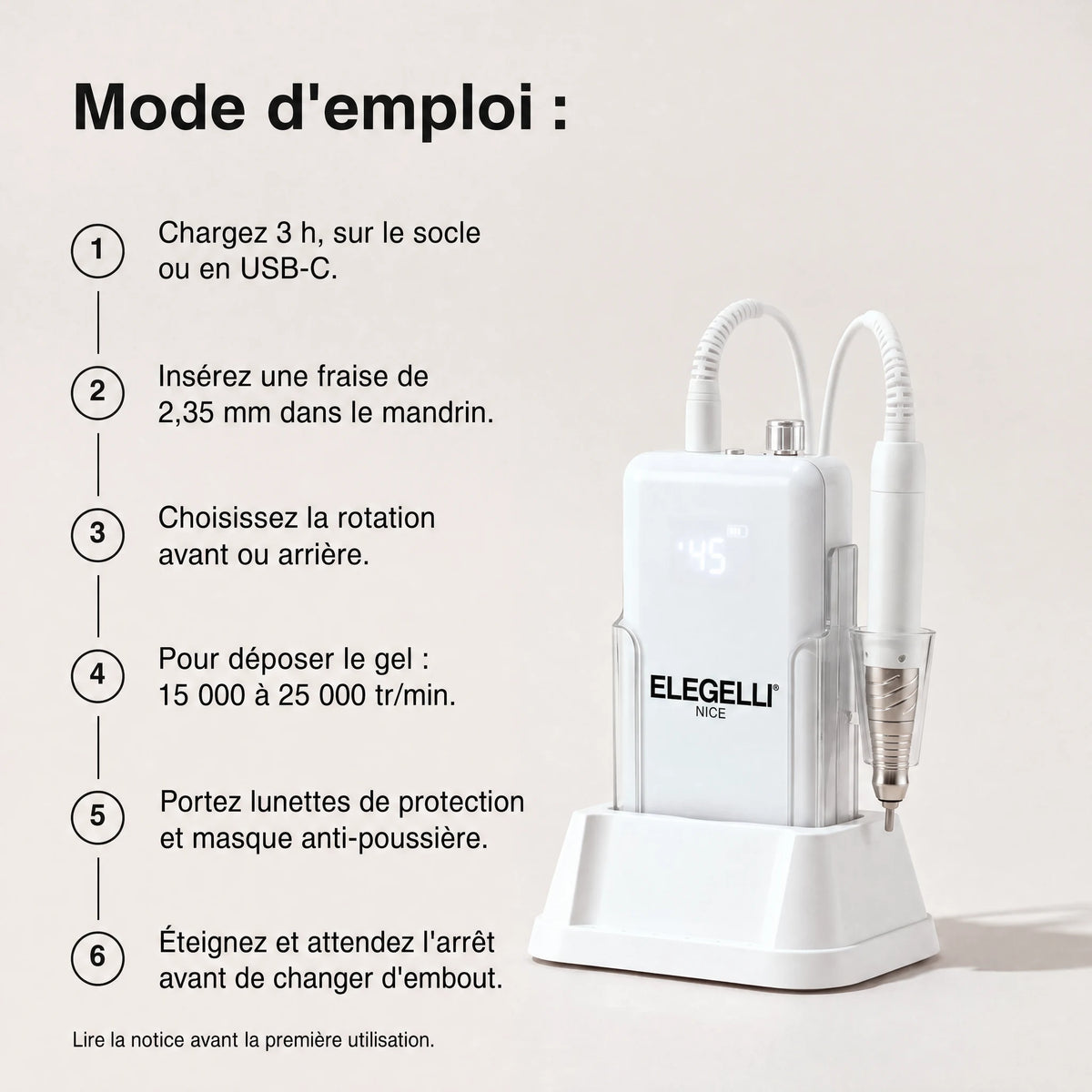 How-to-use guide for the Elegelli nail drill, showing a step-by-step sequence of instructions next to a white device on its charging base.