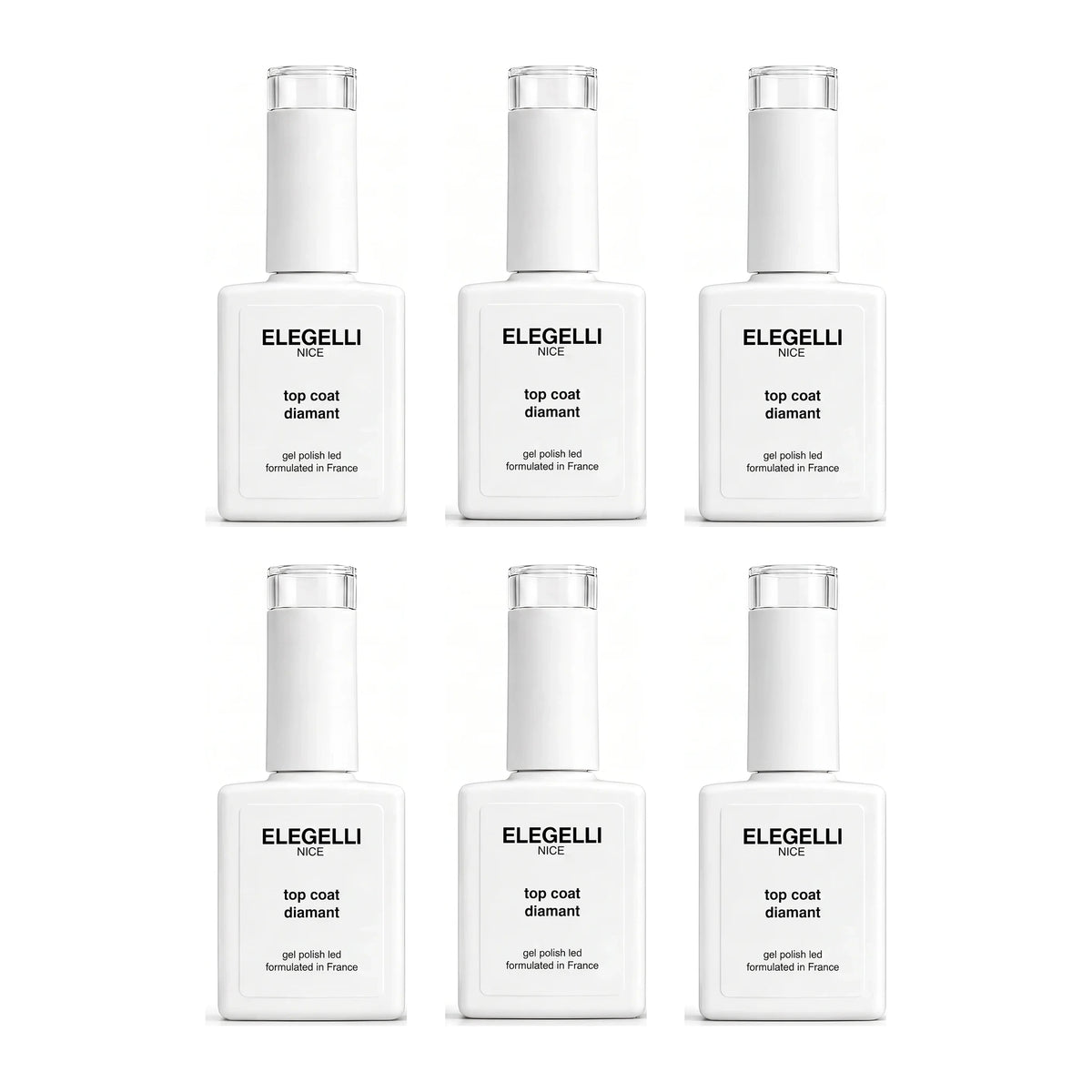 Six bottles of Elegelli Diamond Top Coat arranged in two rows of three on a white background