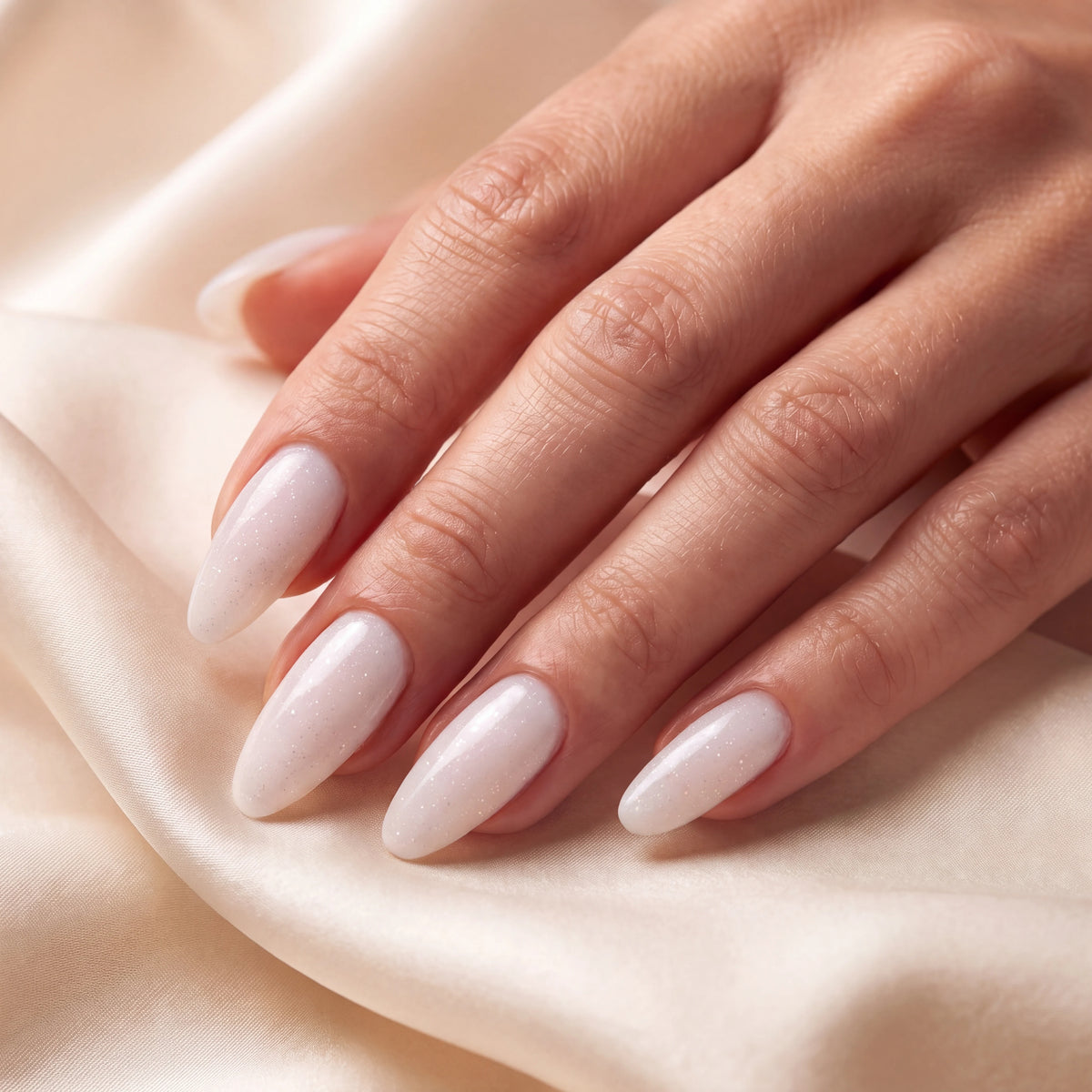 Builder Gel B027 Blanc Meije Elegelli - close-up of frosted white almond nails on silk