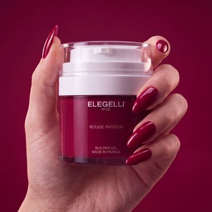 Builder Gel B019 Rouge Passion Elegelli - jar held in hand with Rouge Passion nails