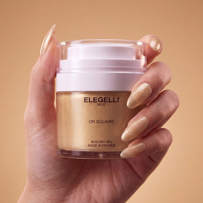 Builder Gel B030 Or Solaire Elegelli - jar held in hand with Or Solaire nails