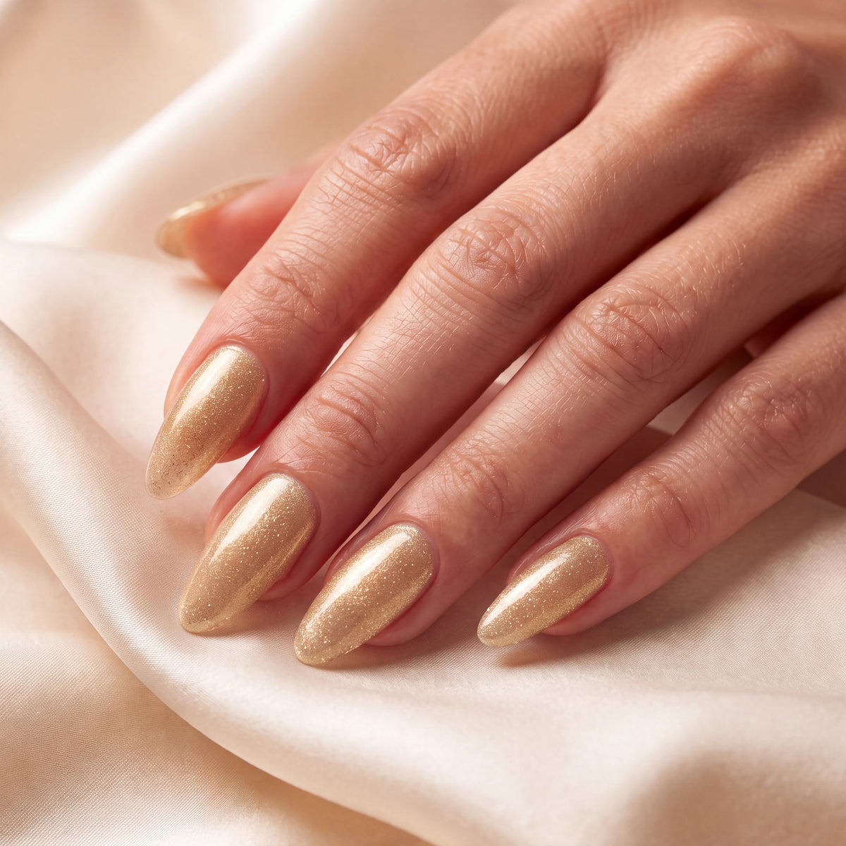 Builder Gel B030 Or Solaire Elegelli - close-up of champagne gold shimmer almond nails on silk